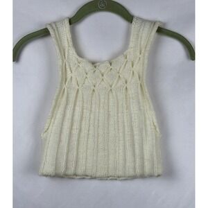 Vtg 70s Knit Crop Tank XXS Cream Smocked Diamond Ribbed Boho‎ Festival Handmade